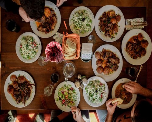 Overhead view of a casual family dinner gathering